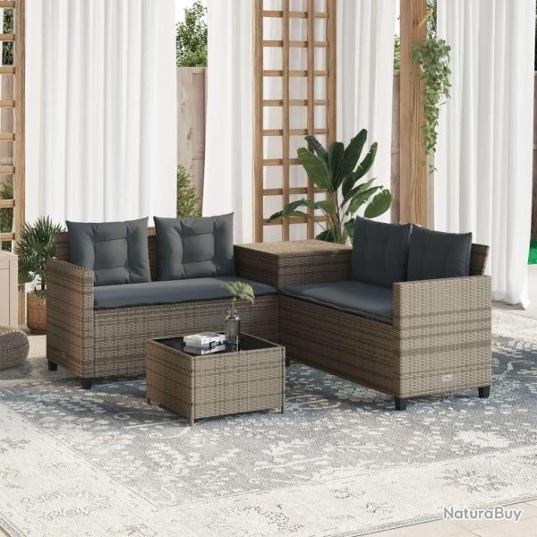 Canap� de jardin avec table et coussins en forme de L gris alsavelo
