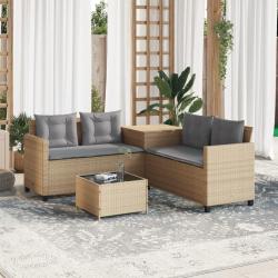 Canap&eacute; de jardin avec table et coussins en forme de L beige