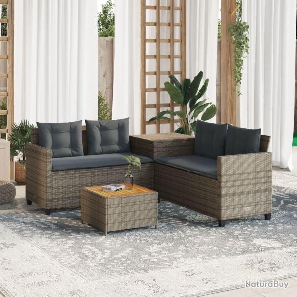 Canap� de jardin avec table et coussins en forme de L gris alsavelo