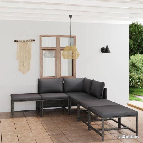 Salon de jardin 6 pcs avec coussins R�sine tress�e Gris