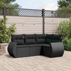 Salon de jardin 4 pcs avec coussins noir r&eacute;sine tress&eacute;e