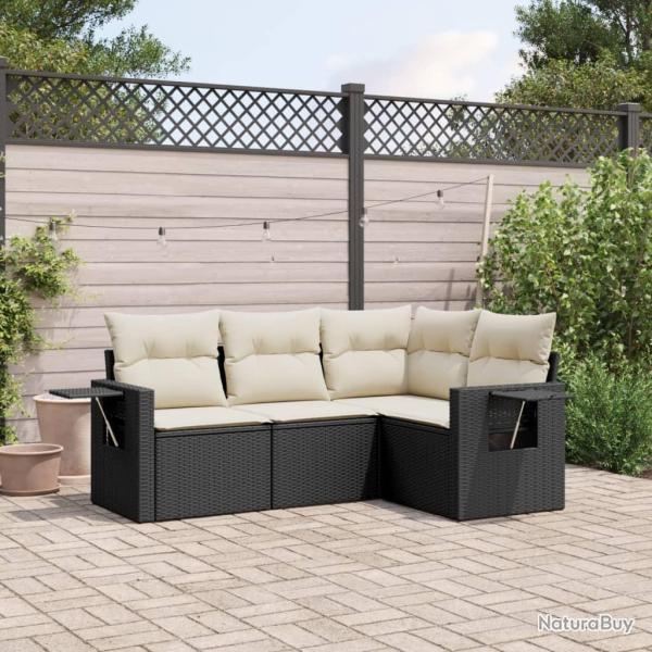 Salon de jardin 4 pcs avec coussins noir r�sine tress�e