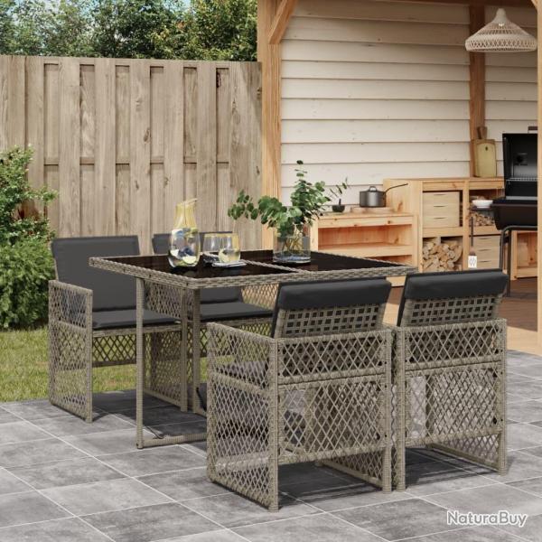 Ensemble � manger de jardin 5 pcs coussins gris r�sine tress�e