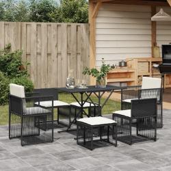 Ensemble &agrave; manger de jardin coussins 7 pcs noir r&eacute;sine tress&eacute;e