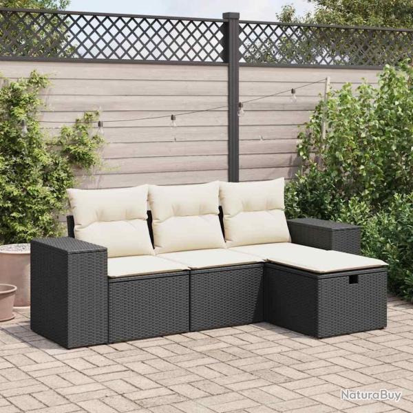 Salon de jardin 4 pcs avec coussins noir r�sine tress�e