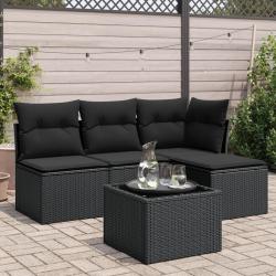 Salon de jardin 5 pcs avec coussins noir r&eacute;sine tress&eacute;e