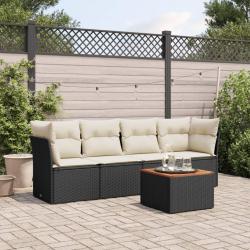Salon de jardin 5 pcs avec coussins noir r&eacute;sine tress&eacute;e