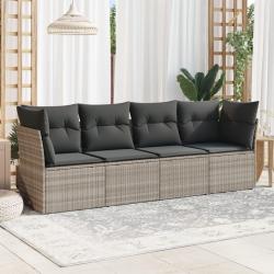 Salon de jardin 4 pcs avec coussins gris clair r&eacute;sine tress&eacute;e