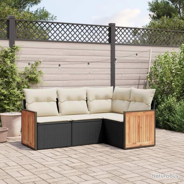Salon de jardin 4 pcs avec coussins noir r�sine tress�e