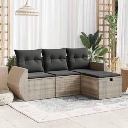 Salon de jardin 4 pcs avec coussins gris clair r&eacute;sine tress&eacute;e