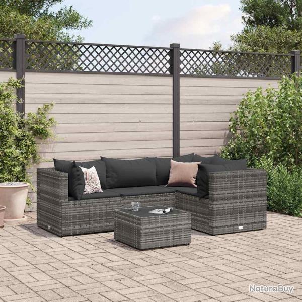 Salon de jardin 5 pcs avec coussins Gris R�sine tress�e
