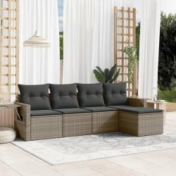 Salon de jardin 5 pcs avec coussins gris r&eacute;sine tress&eacute;e
