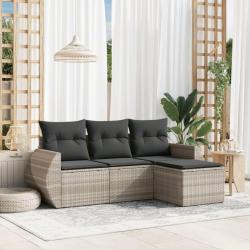 Salon de jardin 4 pcs avec coussins gris clair r&eacute;sine tress&eacute;e