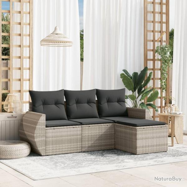 Salon de jardin 4 pcs avec coussins gris clair r�sine tress�e
