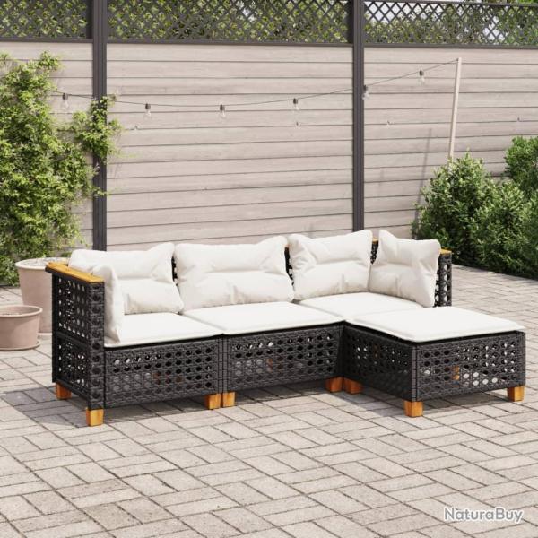 Salon de jardin 4 pcs avec coussins noir r�sine tress�e