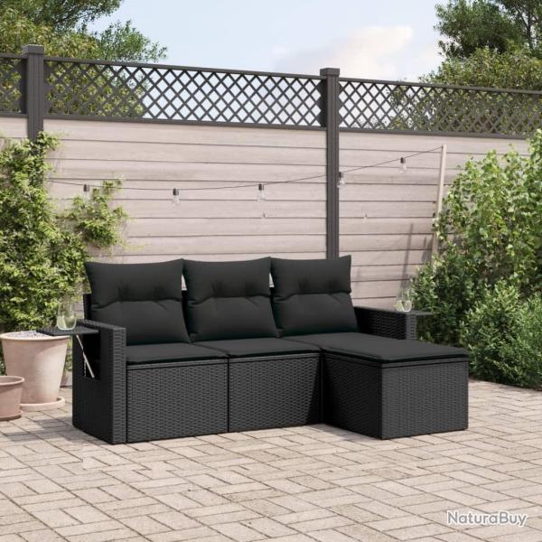 Salon de jardin 4 pcs avec coussins noir r�sine tress�e