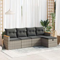 Salon de jardin 5 pcs avec coussins gris r&eacute;sine tress&eacute;e