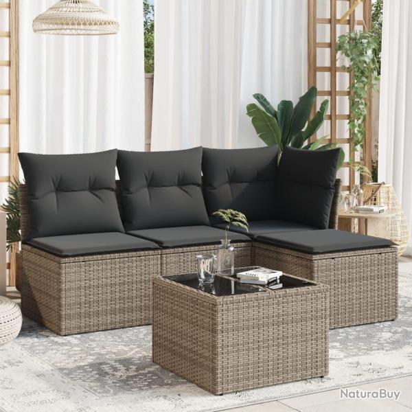 Salon de jardin 5 pcs avec coussins gris r�sine tress�e