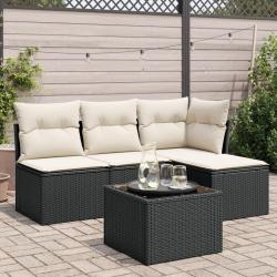 Salon de jardin 5 pcs avec coussins noir r&eacute;sine tress&eacute;e