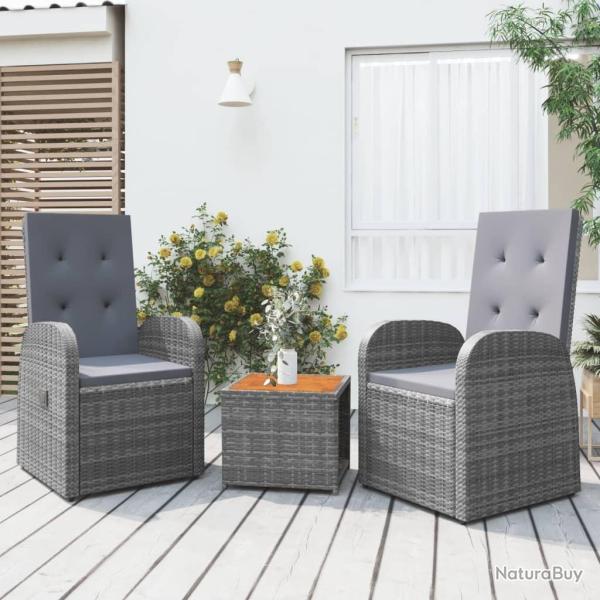 salon de jardin 3 pcs gris poly rotin et acacia