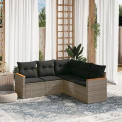 Salon de jardin 5 pcs avec coussins gris r&eacute;sine tress&eacute;e