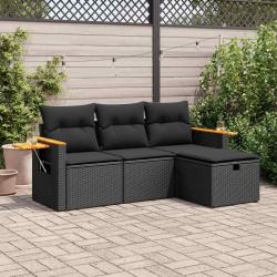 Salon de jardin 4 pcs avec coussins noir r&eacute;sine tress&eacute;e