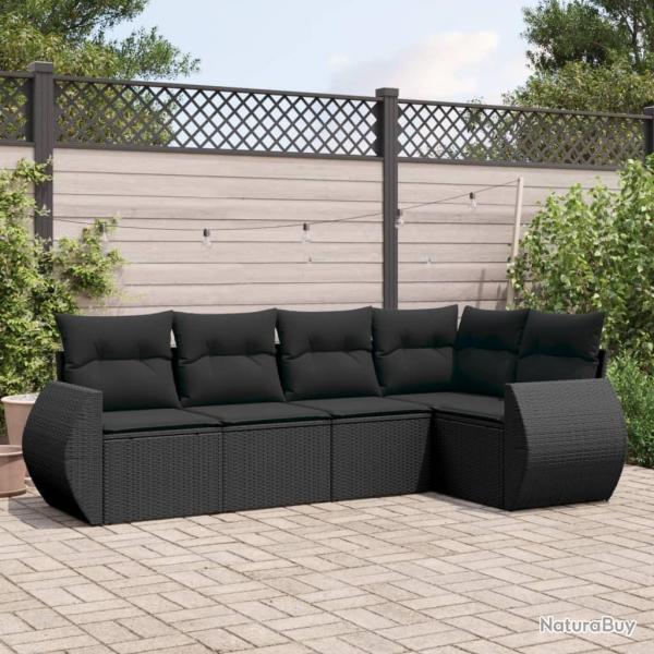 Salon de jardin 5 pcs avec coussins noir r�sine tress�e