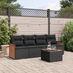 Salon de jardin 5 pcs avec coussins noir r&eacute;sine tress&eacute;e