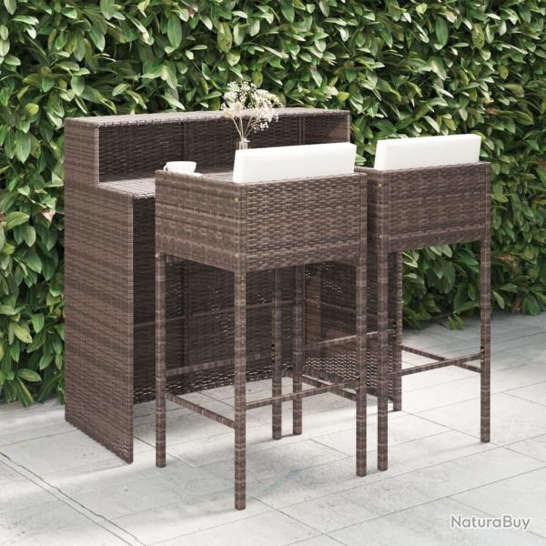 Meubles de bar de jardin 3pcs et coussins R�sine tress�e Marron