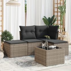 Salon de jardin 5 pcs avec coussins gris r&eacute;sine tress&eacute;e alsavelo
