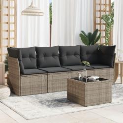 Salon de jardin 5 pcs avec coussins gris r&eacute;sine tress&eacute;e