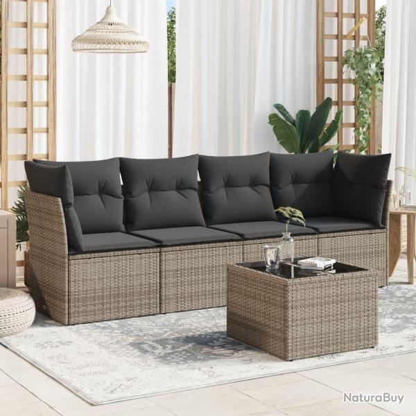 Salon de jardin 5 pcs avec coussins gris r�sine tress�e
