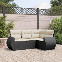 Salon de jardin 4 pcs avec coussins noir r&eacute;sine tress&eacute;e
