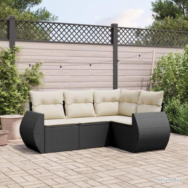 Salon de jardin 4 pcs avec coussins noir r�sine tress�e