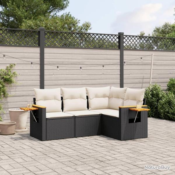 Salon de jardin 4 pcs avec coussins noir r�sine tress�e