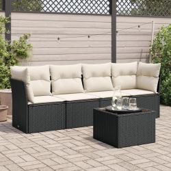 Salon de jardin 5 pcs avec coussins noir r&eacute;sine tress&eacute;e