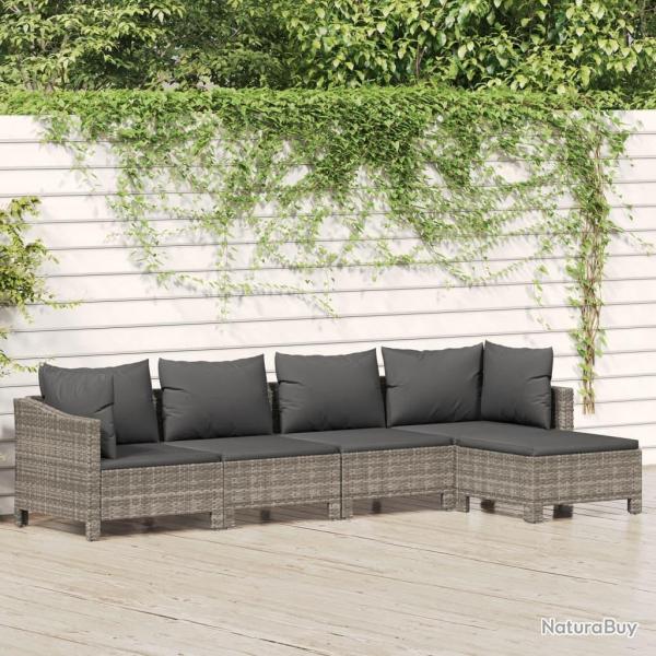 Salon de jardin 5 pcs avec coussins Gris R�sine tress�e