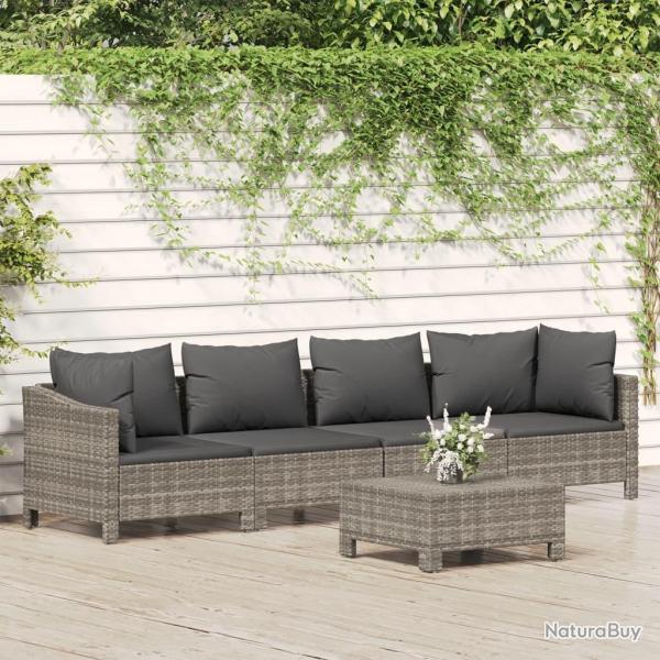 Salon de jardin 5 pcs avec coussins Gris R�sine tress�e