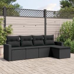 Salon de jardin 5 pcs avec coussins noir r&eacute;sine tress&eacute;e