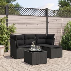 Salon de jardin 5 pcs avec coussins noir r&eacute;sine tress&eacute;e