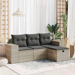 Salon de jardin 4 pcs avec coussins gris clair r&eacute;sine tress&eacute;e