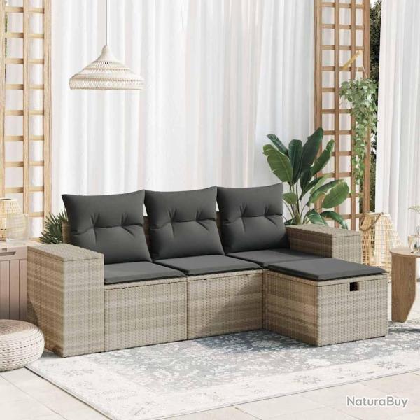 Salon de jardin 4 pcs avec coussins gris clair r�sine tress�e alsavelo