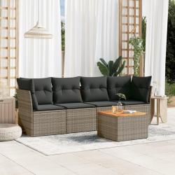 Salon de jardin 5 pcs avec coussins gris r&eacute;sine tress&eacute;e