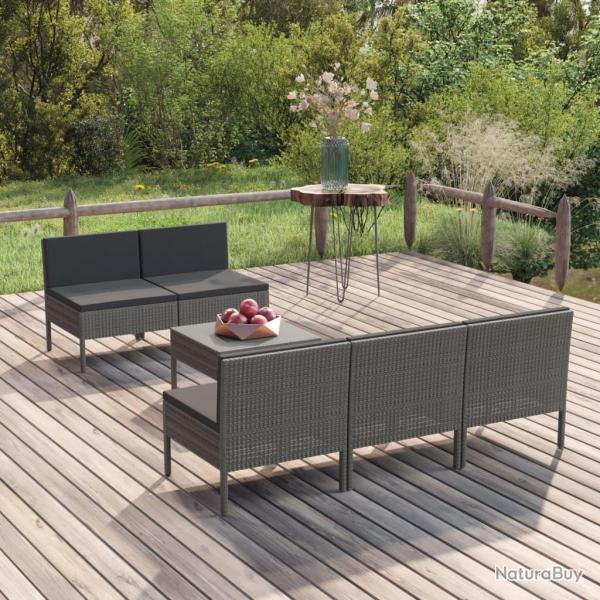 Salon de jardin 6 pcs avec coussins r�sine tress�e gris