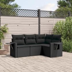 Salon de jardin 4 pcs avec coussins noir r&eacute;sine tress&eacute;e