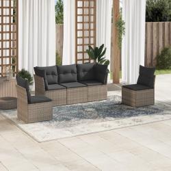 Salon de jardin 5 pcs avec coussins gris r&eacute;sine tress&eacute;e