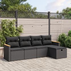 Salon de jardin 5 pcs avec coussins noir r&eacute;sine tress&eacute;e
