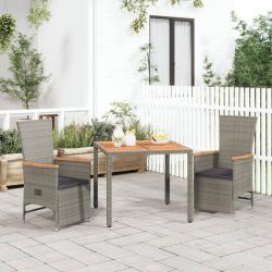 Ensemble &agrave; manger de jardin 3 pcs coussins gris r&eacute;sine tress&eacute;e