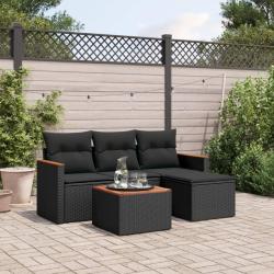 Salon de jardin 5 pcs avec coussins noir r&eacute;sine tress&eacute;e