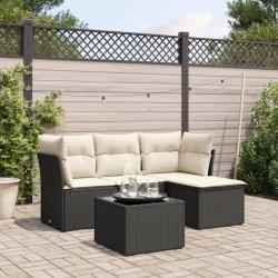 Salon de jardin 5 pcs avec coussins noir r&eacute;sine tress&eacute;e